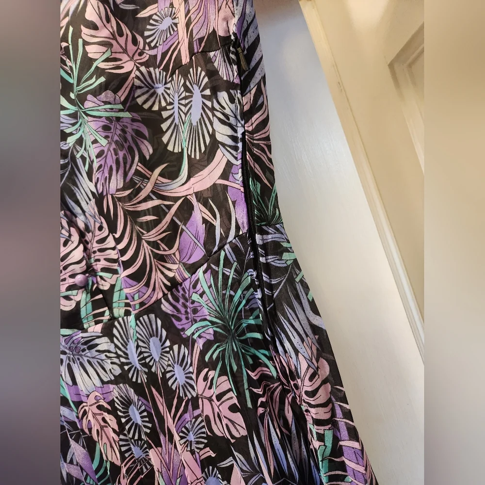Vintage 70s 80s Tropical Floral Semi Sheer Long Sleeve Dress L - Picture 5 of 7